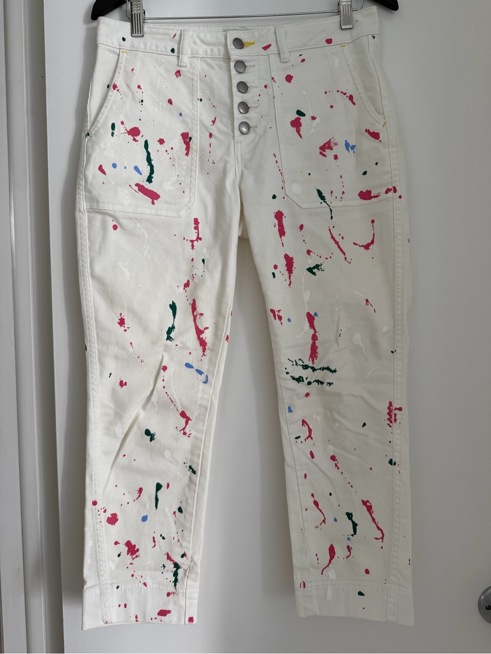 Kerri Rosenthal White Splatter Paint Cropped Jeans in Oatmilk SZ 28